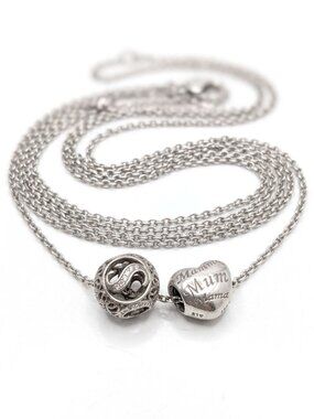 Pandora Sterling Silver Long Chain Necklace S925 Mom Heart & Crystal Pavé Charms